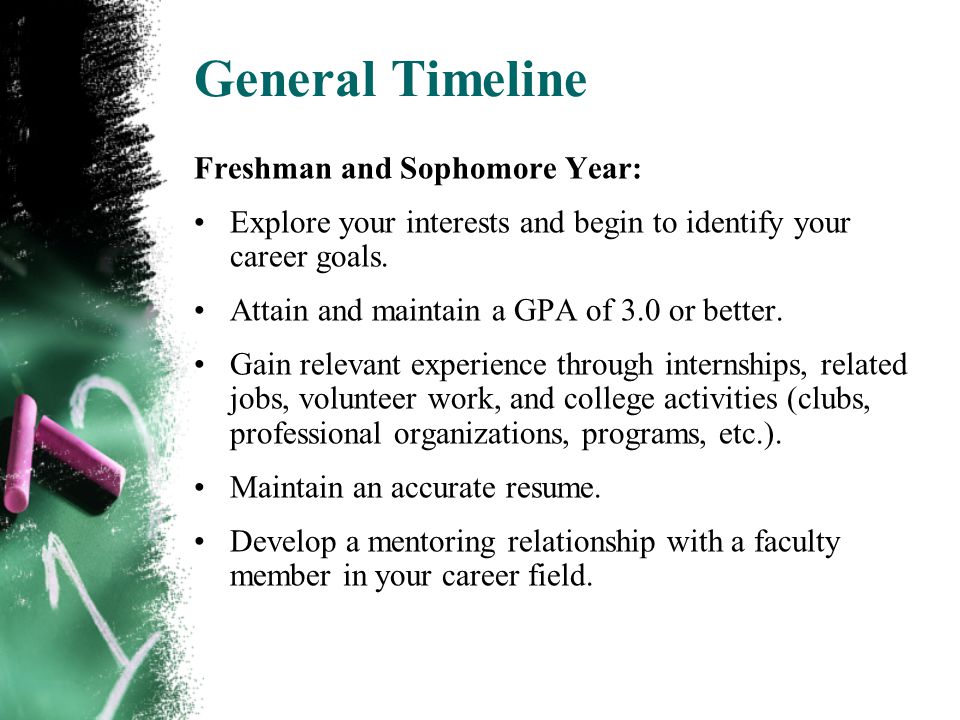 General Timeline Freshman and Sophomore Year: Explore your interests and begin to identify your career goals.