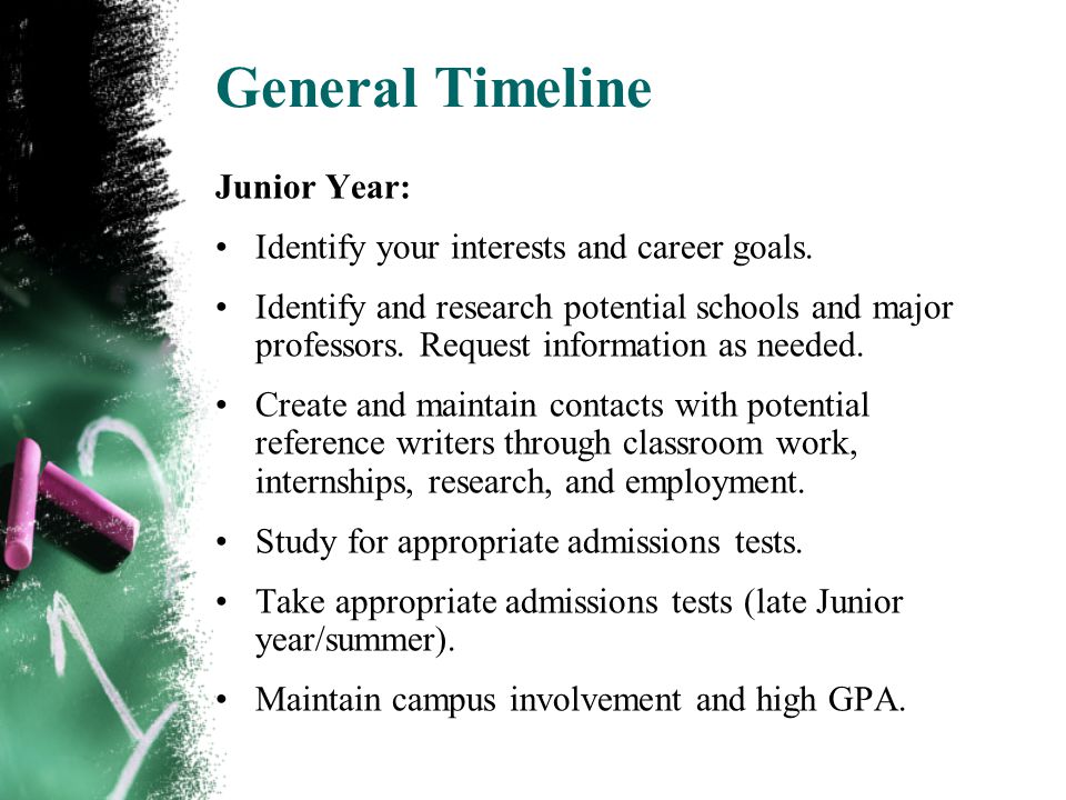 General Timeline Junior Year: Identify your interests and career goals.