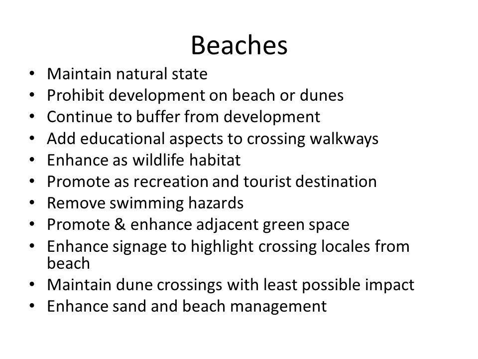 Beaches Maintain natural state Prohibit development on beach or dunes Continue to buffer from development Add educational aspects to crossing walkways Enhance as wildlife habitat Promote as recreation and tourist destination Remove swimming hazards Promote & enhance adjacent green space Enhance signage to highlight crossing locales from beach Maintain dune crossings with least possible impact Enhance sand and beach management