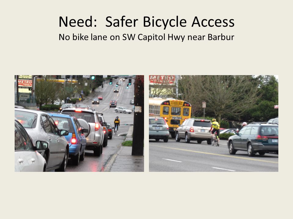 Need: Safer Bicycle Access No bike lane on SW Capitol Hwy near Barbur