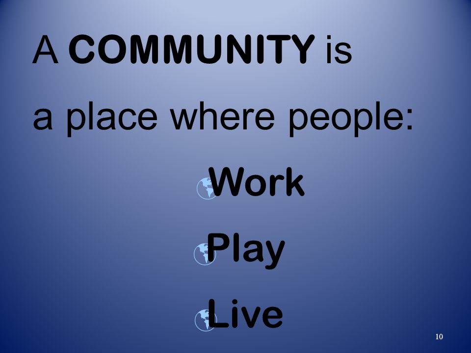 10 A COMMUNITY is a place where people: Work Play Live