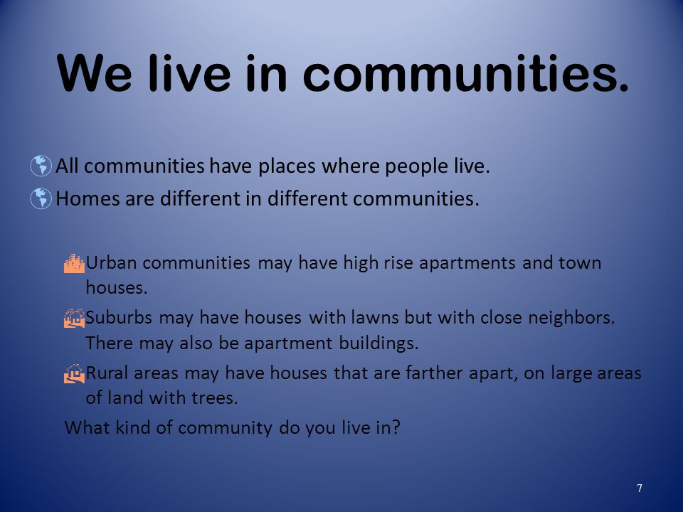 We live in communities. All communities have places where people live.