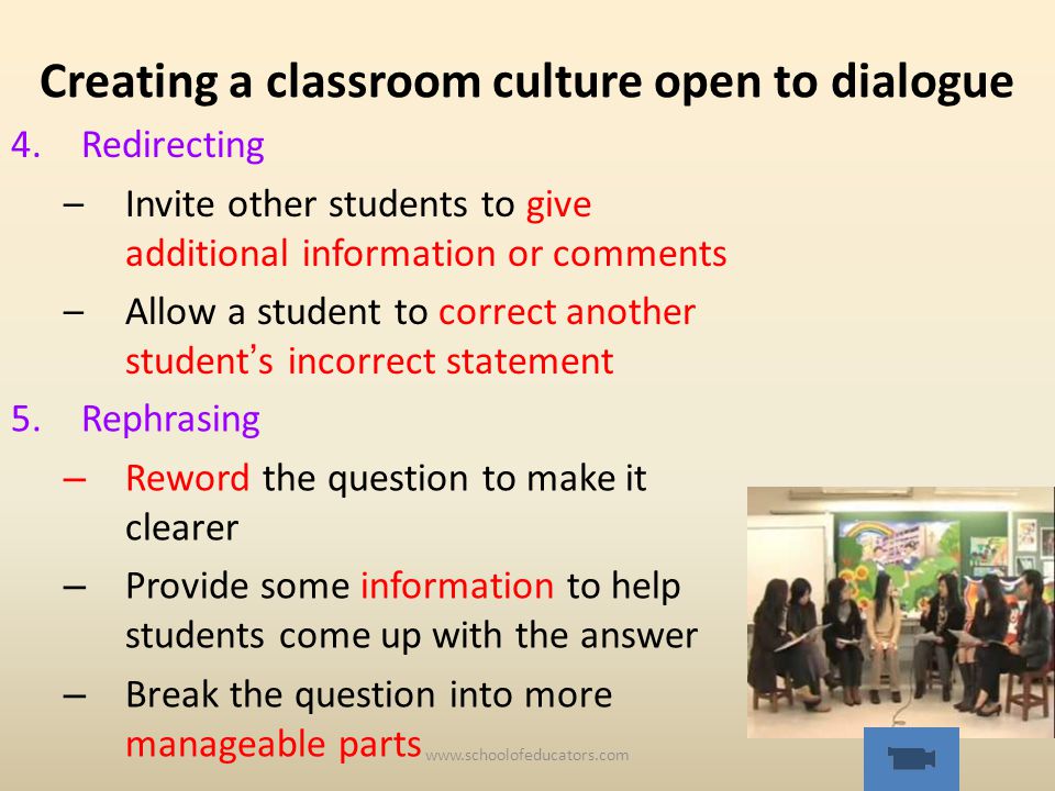 Creating a classroom culture open to dialogue 5.Rephrasing – Reword the question to make it clearer – Provide some information to help students come up with the answer – Break the question into more manageable parts 4.Redirecting –Invite other students to give additional information or comments –Allow a student to correct another student s incorrect statement