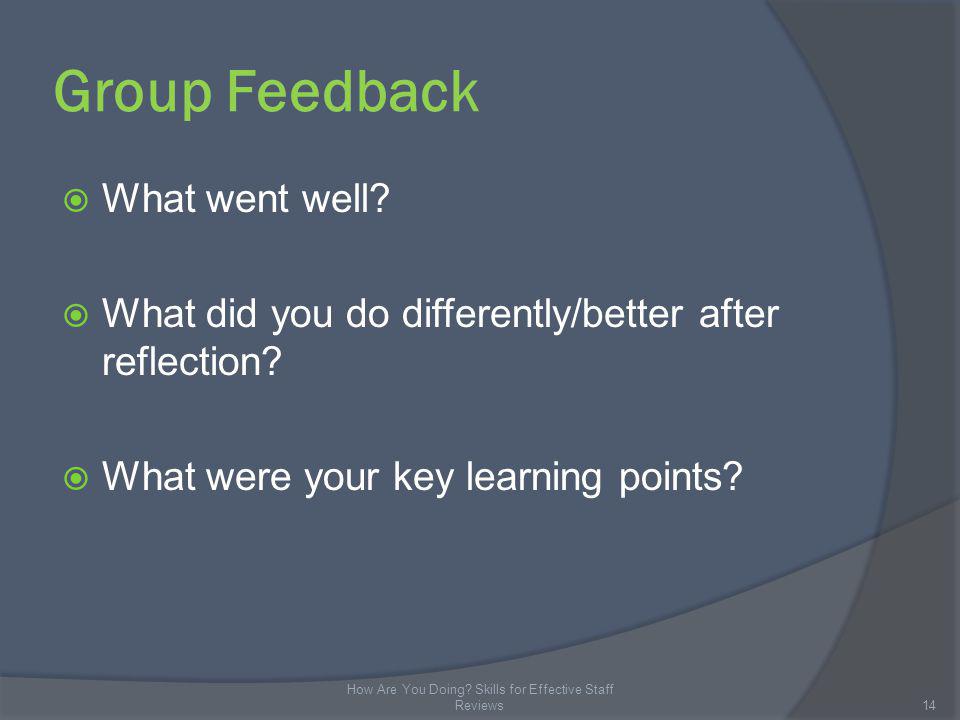 Group Feedback What went well. What did you do differently/better after reflection.