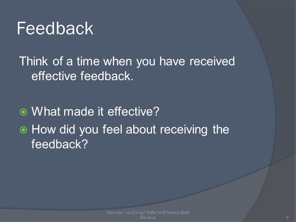 Feedback Think of a time when you have received effective feedback.