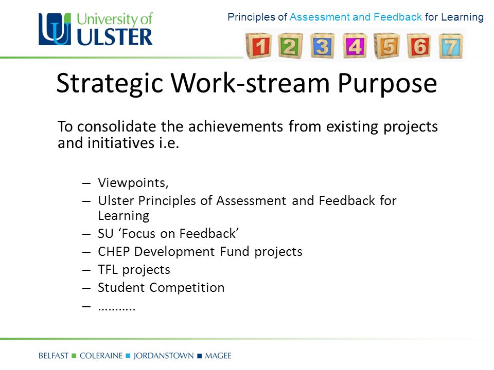 Principles of Assessment and Feedback for Learning Strategic Work-stream Purpose To consolidate the achievements from existing projects and initiatives i.e.