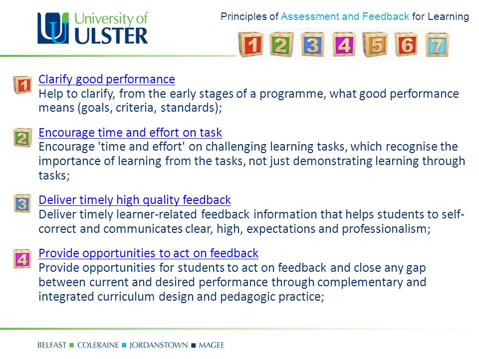 Principles of Assessment and Feedback for Learning 1.Clarify good performance Help to clarify, from the early stages of a programme, what good performance means (goals, criteria, standards);Clarify good performance 2.Encourage time and effort on task Encourage time and effort on challenging learning tasks, which recognise the importance of learning from the tasks, not just demonstrating learning through tasks;Encourage time and effort on task 3.Deliver timely high quality feedback Deliver timely learner-related feedback information that helps students to self- correct and communicates clear, high, expectations and professionalism;Deliver timely high quality feedback 4.Provide opportunities to act on feedback Provide opportunities for students to act on feedback and close any gap between current and desired performance through complementary and integrated curriculum design and pedagogic practice;Provide opportunities to act on feedback