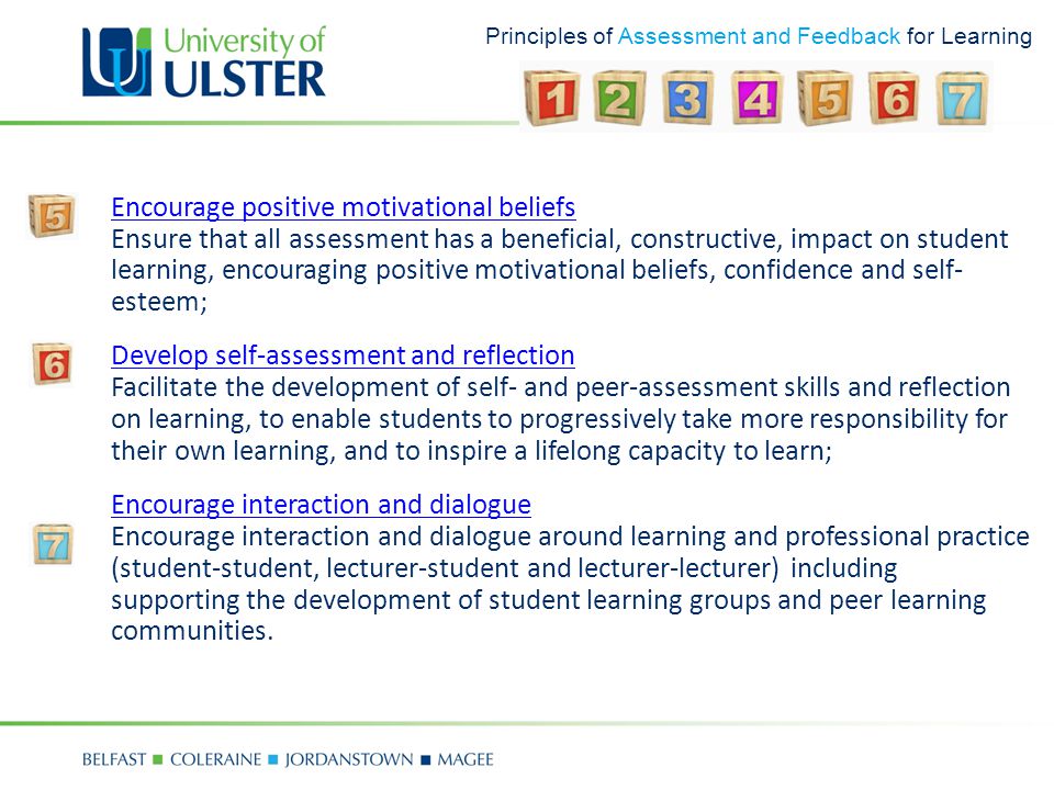 Principles of Assessment and Feedback for Learning Encourage positive motivational beliefs Encourage positive motivational beliefs Ensure that all assessment has a beneficial, constructive, impact on student learning, encouraging positive motivational beliefs, confidence and self- esteem; Develop self-assessment and reflection Develop self-assessment and reflection Facilitate the development of self- and peer-assessment skills and reflection on learning, to enable students to progressively take more responsibility for their own learning, and to inspire a lifelong capacity to learn; Encourage interaction and dialogue Encourage interaction and dialogue Encourage interaction and dialogue around learning and professional practice (student-student, lecturer-student and lecturer-lecturer) including supporting the development of student learning groups and peer learning communities.