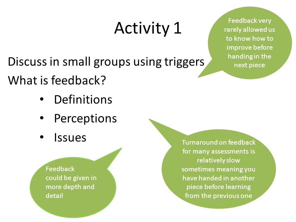 Activity 1 Discuss in small groups using triggers What is feedback.