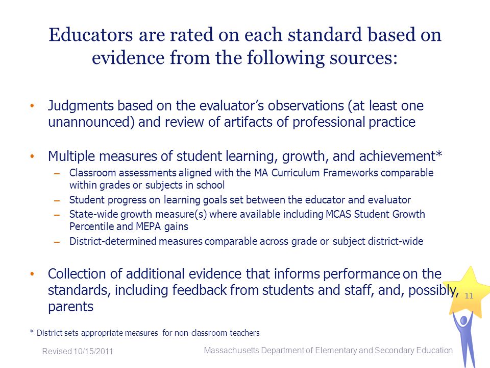 Educators are rated on each standard based on evidence from the following sources: Judgments based on the evaluators observations (at least one unannounced) and review of artifacts of professional practice Multiple measures of student learning, growth, and achievement* – Classroom assessments aligned with the MA Curriculum Frameworks comparable within grades or subjects in school – Student progress on learning goals set between the educator and evaluator – State-wide growth measure(s) where available including MCAS Student Growth Percentile and MEPA gains – District-determined measures comparable across grade or subject district-wide Collection of additional evidence that informs performance on the standards, including feedback from students and staff, and, possibly, parents * District sets appropriate measures for non-classroom teachers 11 Massachusetts Department of Elementary and Secondary Education Revised 10/15/2011