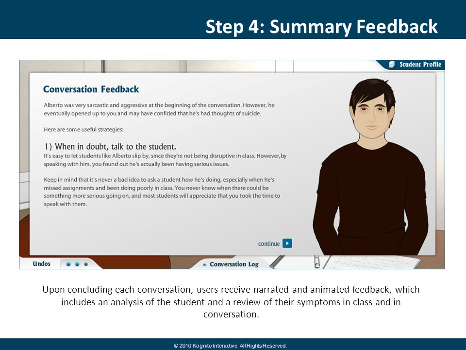 Step 4: Summary Feedback Upon concluding each conversation, users receive narrated and animated feedback, which includes an analysis of the student and a review of their symptoms in class and in conversation.