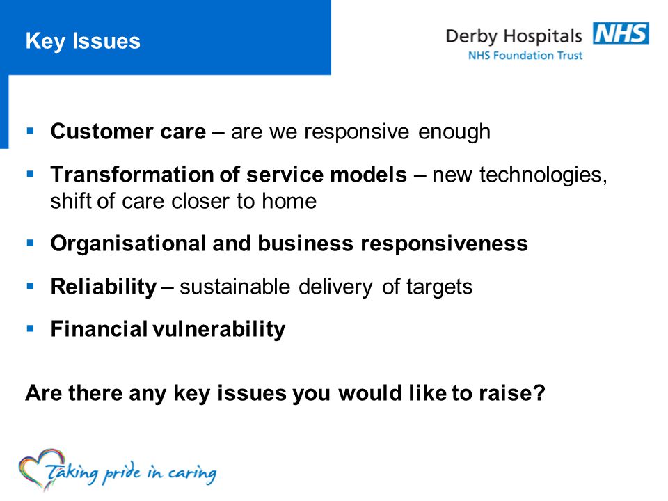 Key Issues Customer care – are we responsive enough Transformation of service models – new technologies, shift of care closer to home Organisational and business responsiveness Reliability – sustainable delivery of targets Financial vulnerability Are there any key issues you would like to raise