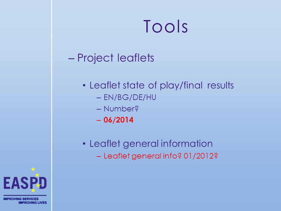 Tools – Project leaflets Leaflet state of play/final results – EN/BG/DE/HU – Number.