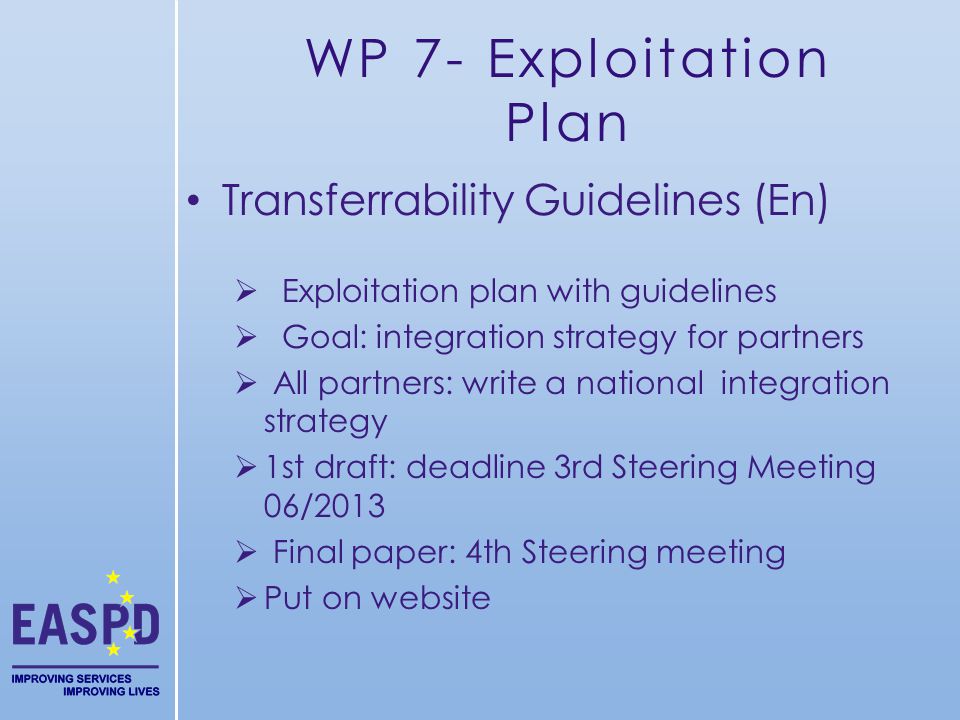 WP 7- Exploitation Plan Transferrability Guidelines (En) Exploitation plan with guidelines Goal: integration strategy for partners All partners: write a national integration strategy 1st draft: deadline 3rd Steering Meeting 06/2013 Final paper: 4th Steering meeting Put on website