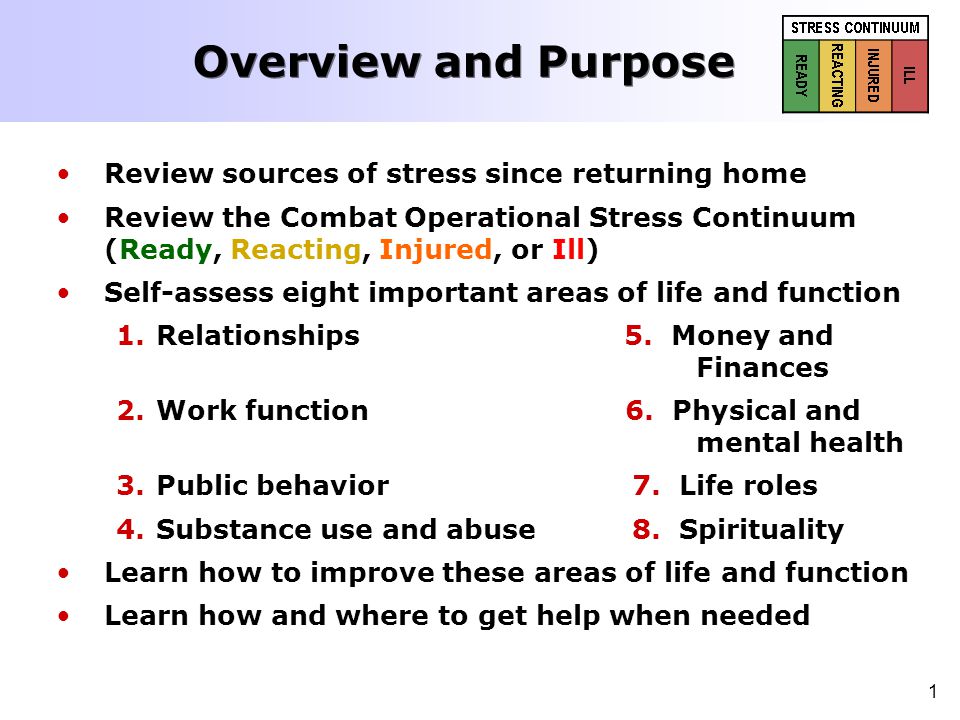 1 Overview and Purpose Review sources of stress since returning home Review the Combat Operational Stress Continuum (Ready, Reacting, Injured, or Ill) Self-assess eight important areas of life and function 1.