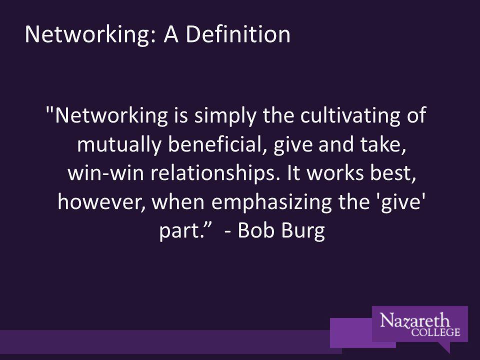Networking: A Definition Networking is simply the cultivating of mutually beneficial, give and take, win-win relationships.