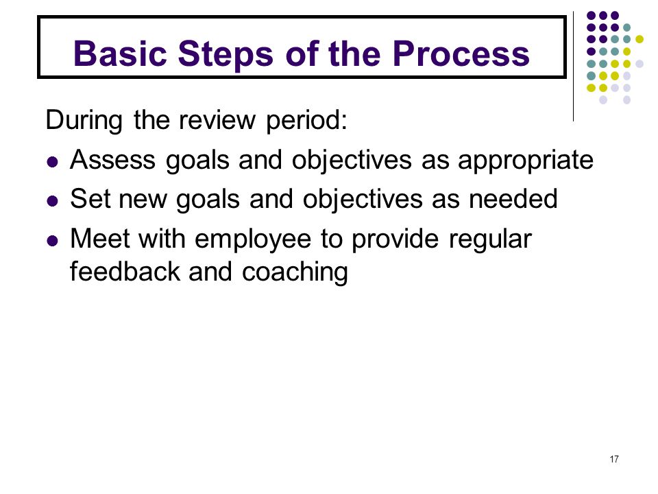 Basic Steps of the Process During the review period: Assess goals and objectives as appropriate Set new goals and objectives as needed Meet with employee to provide regular feedback and coaching 17