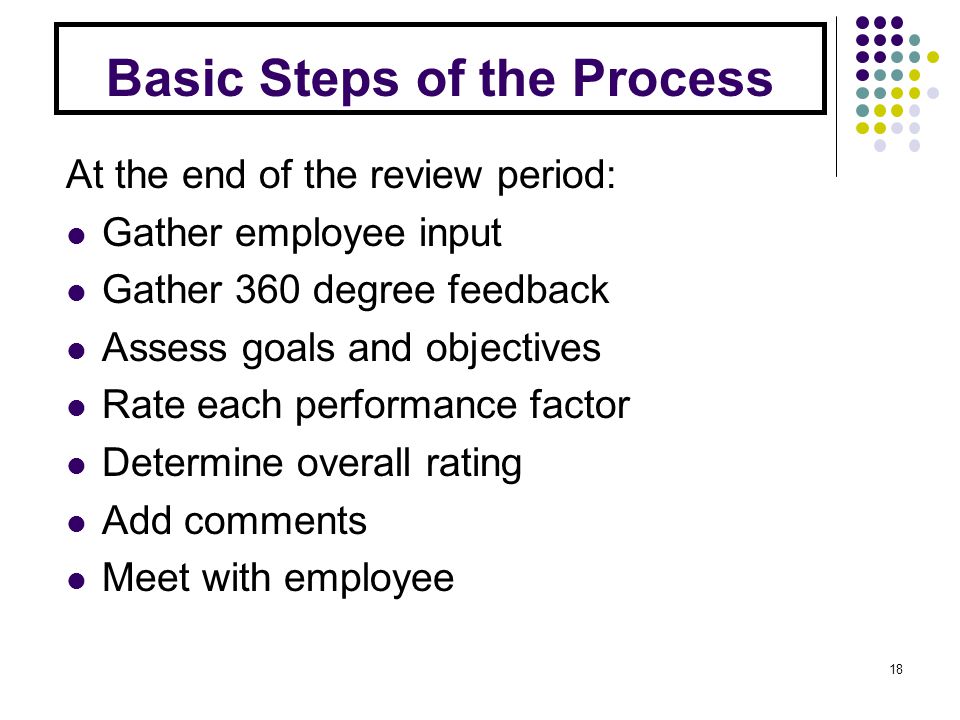Basic Steps of the Process At the end of the review period: Gather employee input Gather 360 degree feedback Assess goals and objectives Rate each performance factor Determine overall rating Add comments Meet with employee 18