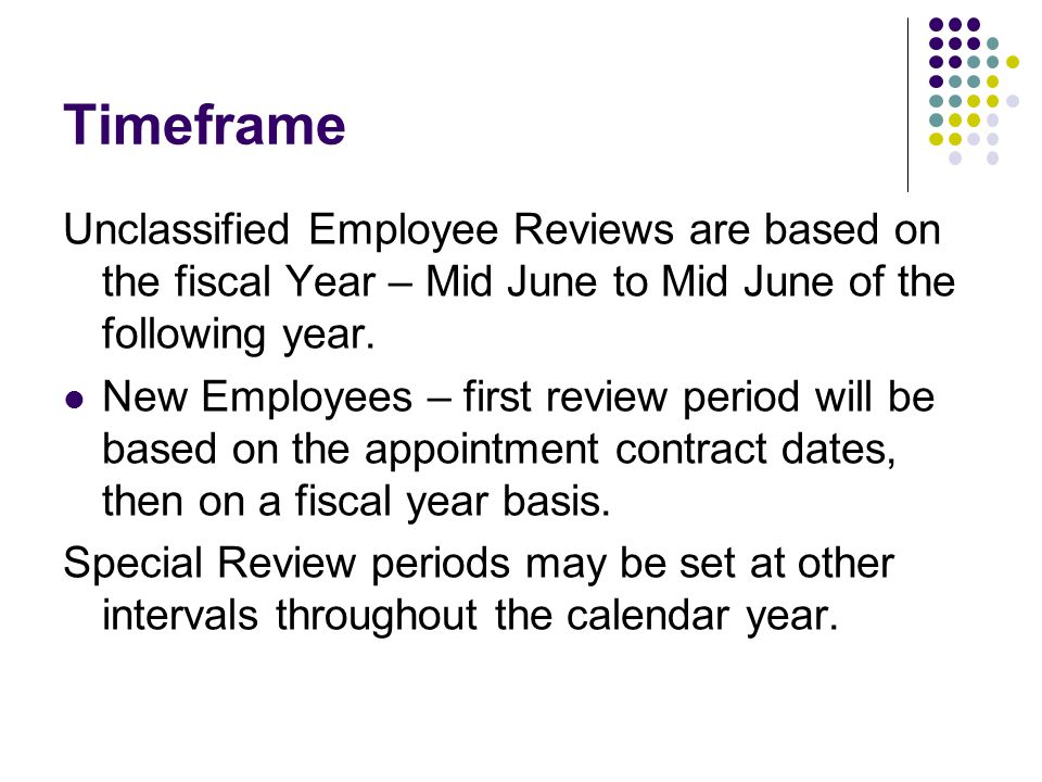 Timeframe Unclassified Employee Reviews are based on the fiscal Year – Mid June to Mid June of the following year.