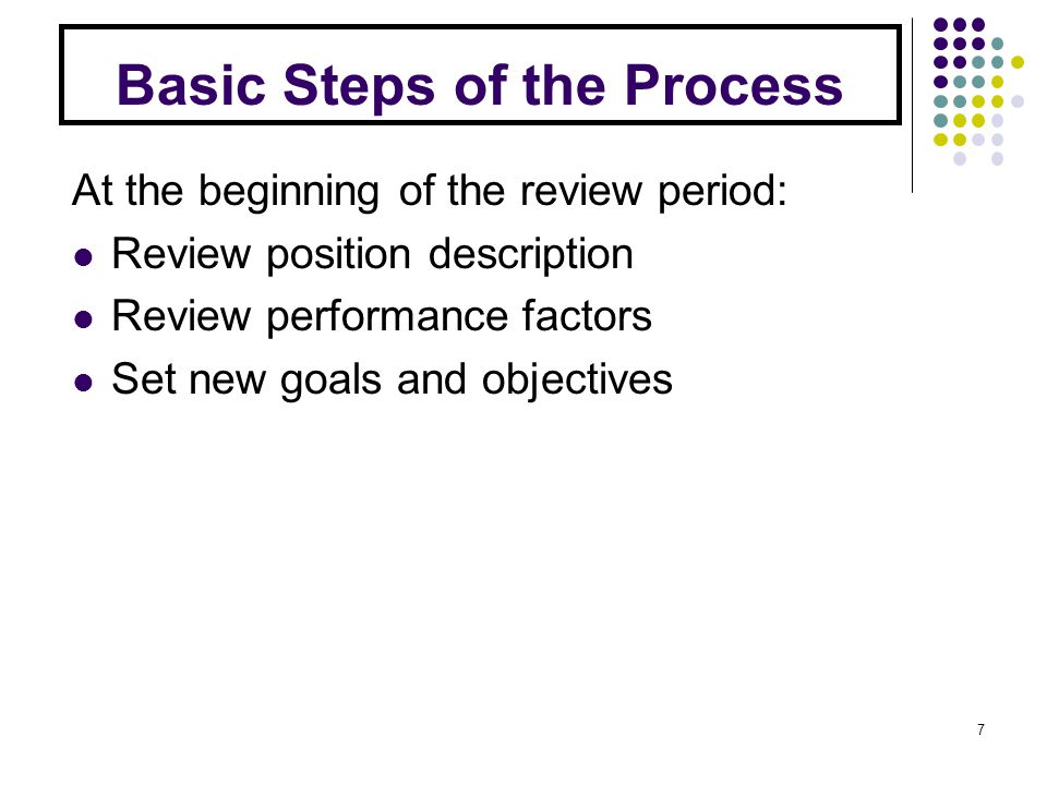 Basic Steps of the Process At the beginning of the review period: Review position description Review performance factors Set new goals and objectives 7