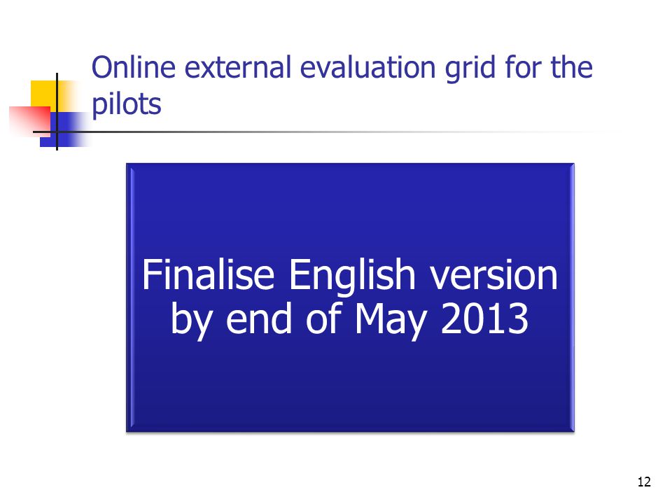 Online external evaluation grid for the pilots 12 Finalise English version by end of May 2013