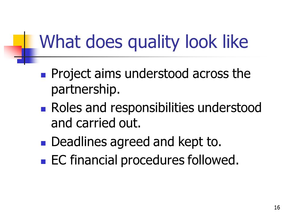 What does quality look like Project aims understood across the partnership.