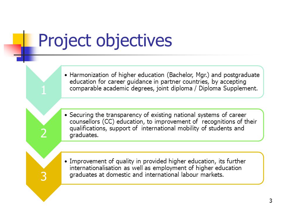 Project objectives 3 1 Harmonization of higher education (Bachelor, Mgr.) and postgraduate education for career guidance in partner countries, by accepting comparable academic degrees, joint diploma / Diploma Supplement.