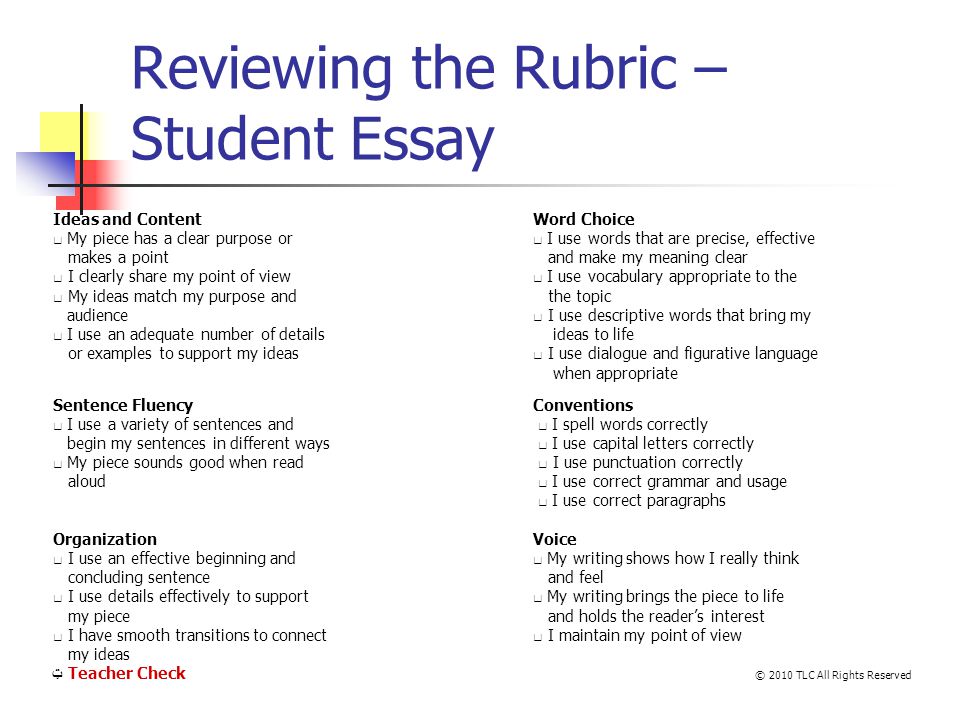 Reviewing the Rubric – Student Essay Ideas and ContentWord Choice My piece has a clear purpose or I use words that are precise, effective makes a point and make my meaning clear I clearly share my point of view I use vocabulary appropriate to the My ideas match my purpose and the topic audience I use descriptive words that bring my I use an adequate number of details ideas to life or examples to support my ideas I use dialogue and figurative language when appropriate Sentence FluencyConventions I use a variety of sentences and I spell words correctly begin my sentences in different ways I use capital letters correctly My piece sounds good when read I use punctuation correctly aloud I use correct grammar and usage I use correct paragraphs OrganizationVoice I use an effective beginning and My writing shows how I really think concluding sentence and feel I use details effectively to support My writing brings the piece to life my piece and holds the readers interest I have smooth transitions to connect I maintain my point of view my ideas ټ Teacher Check © 2010 TLC All Rights Reserved