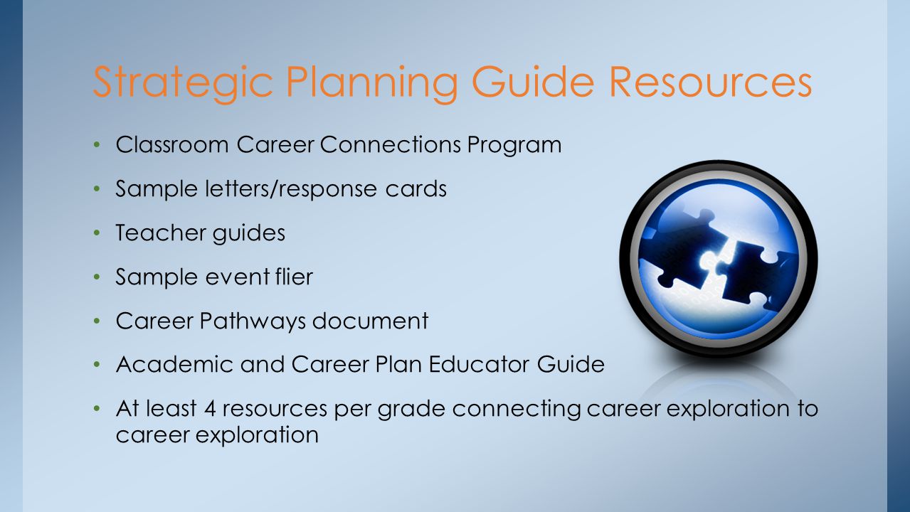 Classroom Career Connections Program Sample letters/response cards Teacher guides Sample event flier Career Pathways document Academic and Career Plan Educator Guide At least 4 resources per grade connecting career exploration to career exploration Strategic Planning Guide Resources