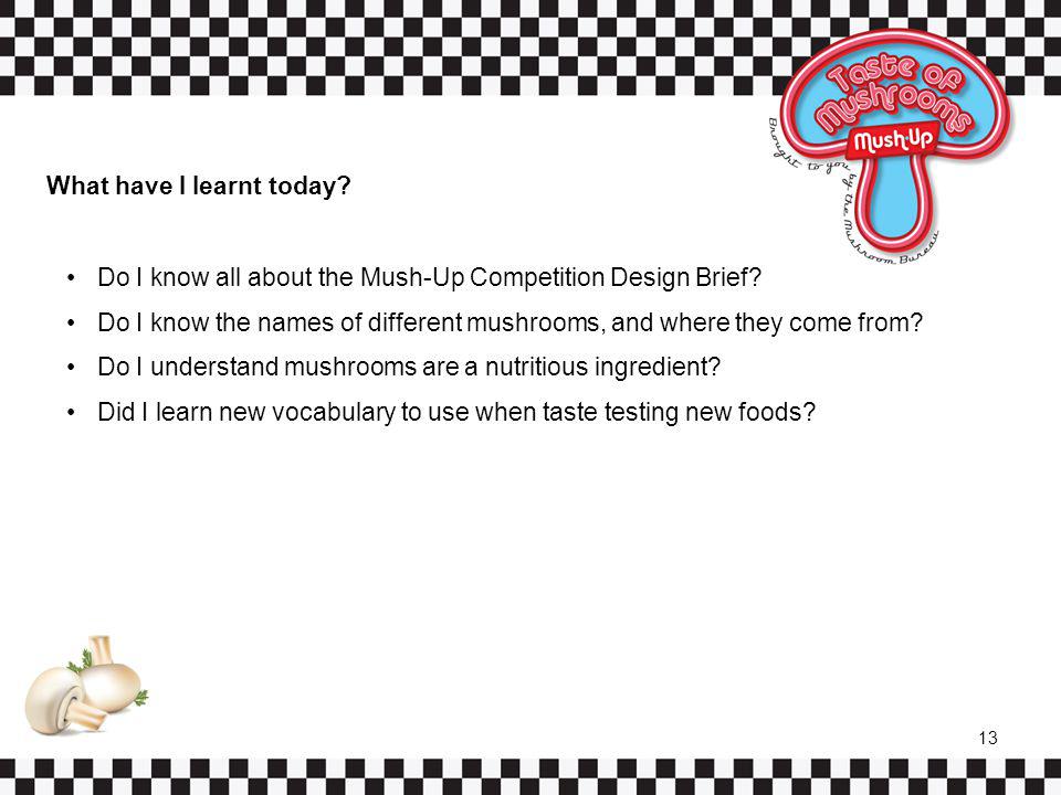 What have I learnt today. 13 Do I know all about the Mush-Up Competition Design Brief.