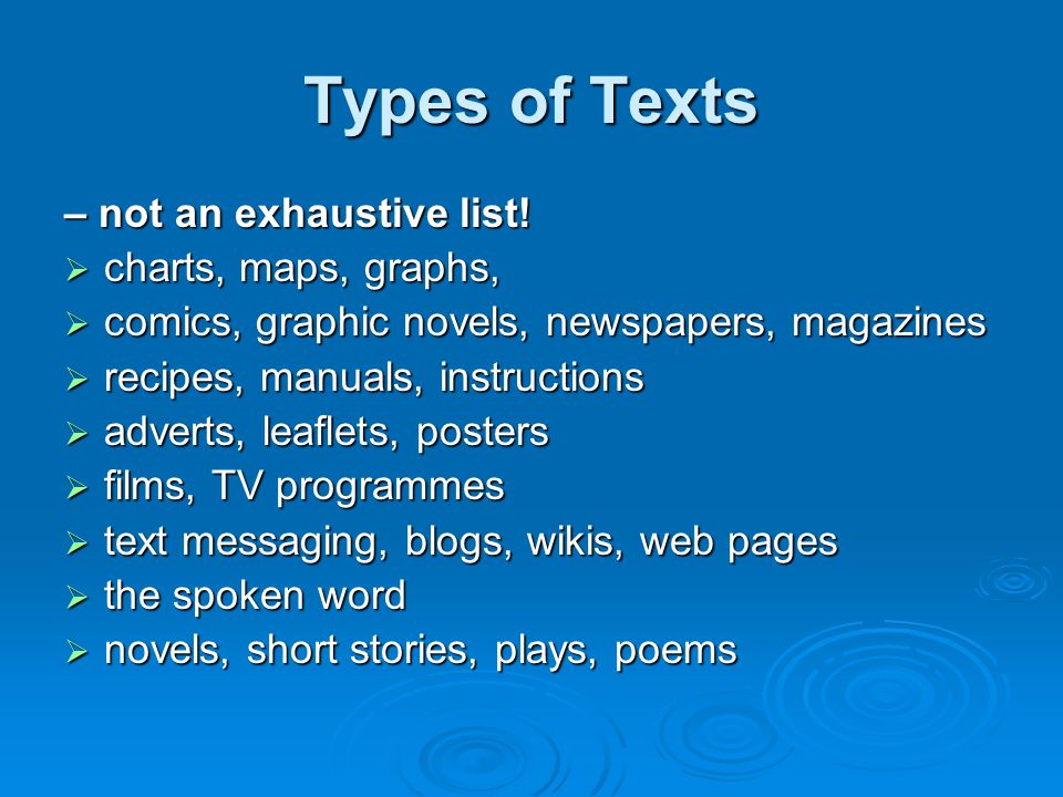 Types of Texts – not an exhaustive list.
