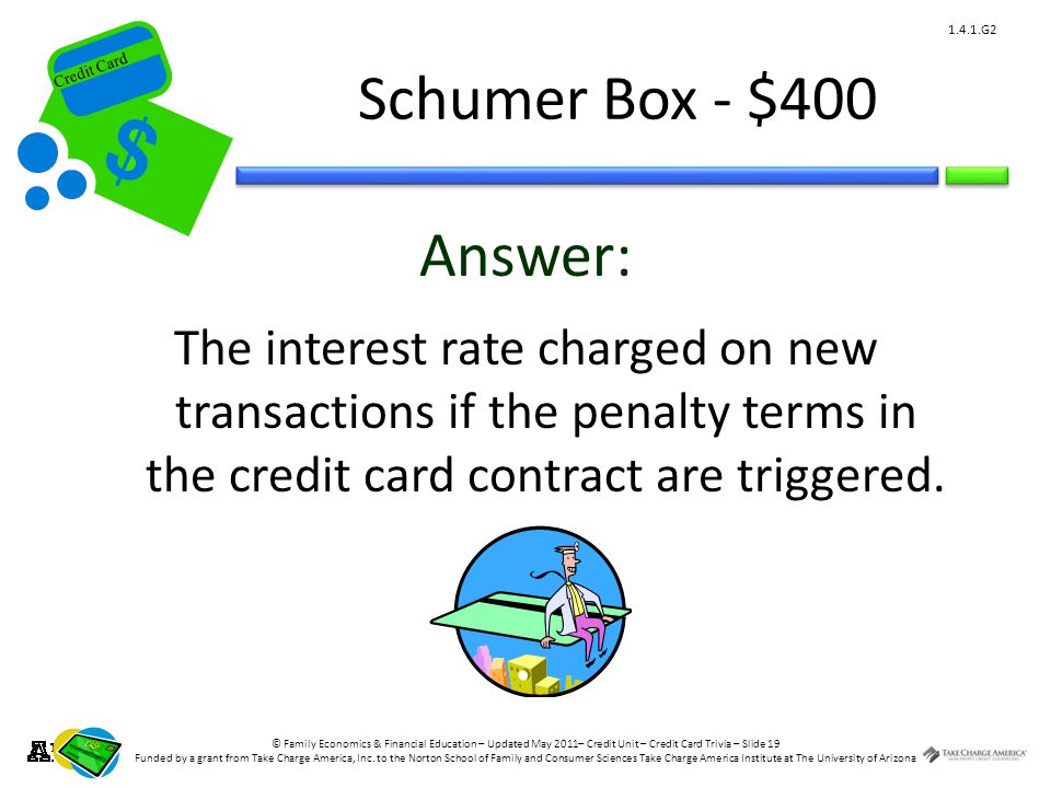 © Family Economics & Financial Education – Updated May 2011– Credit Unit – Credit Card Trivia – Slide 19 Funded by a grant from Take Charge America, Inc.