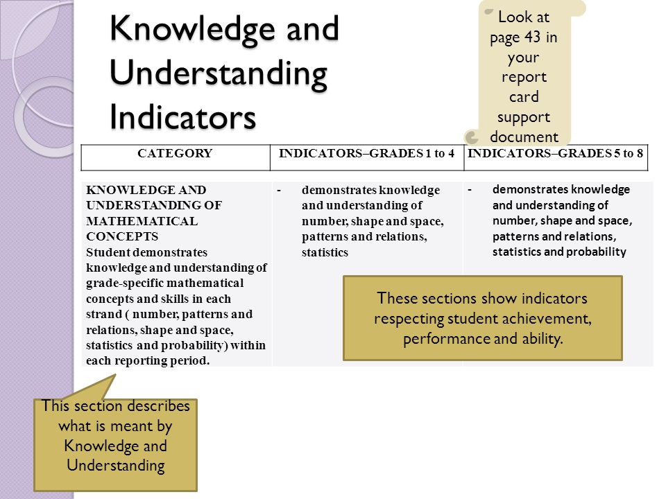Knowledge and Understanding Indicators KNOWLEDGE AND UNDERSTANDING OF MATHEMATICAL CONCEPTS Student demonstrates knowledge and understanding of grade-specific mathematical concepts and skills in each strand ( number, patterns and relations, shape and space, statistics and probability) within each reporting period.