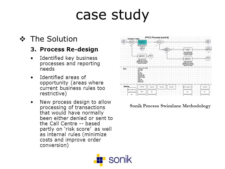 case study The Solution 3.Process Re-design Identified key business processes and reporting needs Identified areas of opportunity (areas where current business rules too restrictive) New process design to allow processing of transactions that would have normally been either denied or sent to the Call Centre -- based partly on risk score as well as internal rules (minimize costs and improve order conversion) Sonik Process Swimlane Methodology