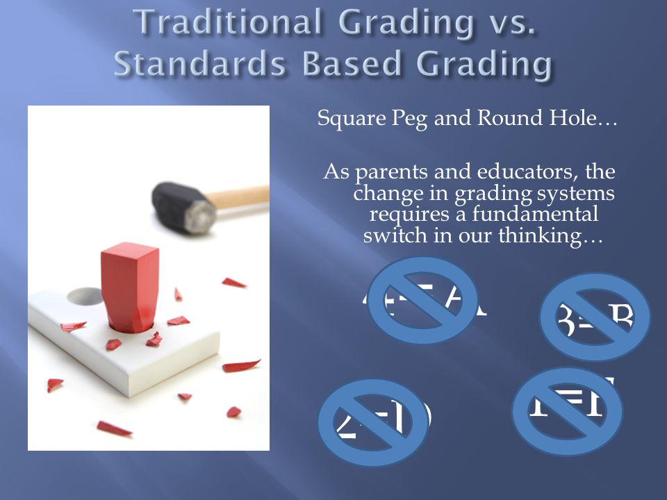 Square Peg and Round Hole… As parents and educators, the change in grading systems requires a fundamental switch in our thinking… 4=A 1=F 2=D 3=B