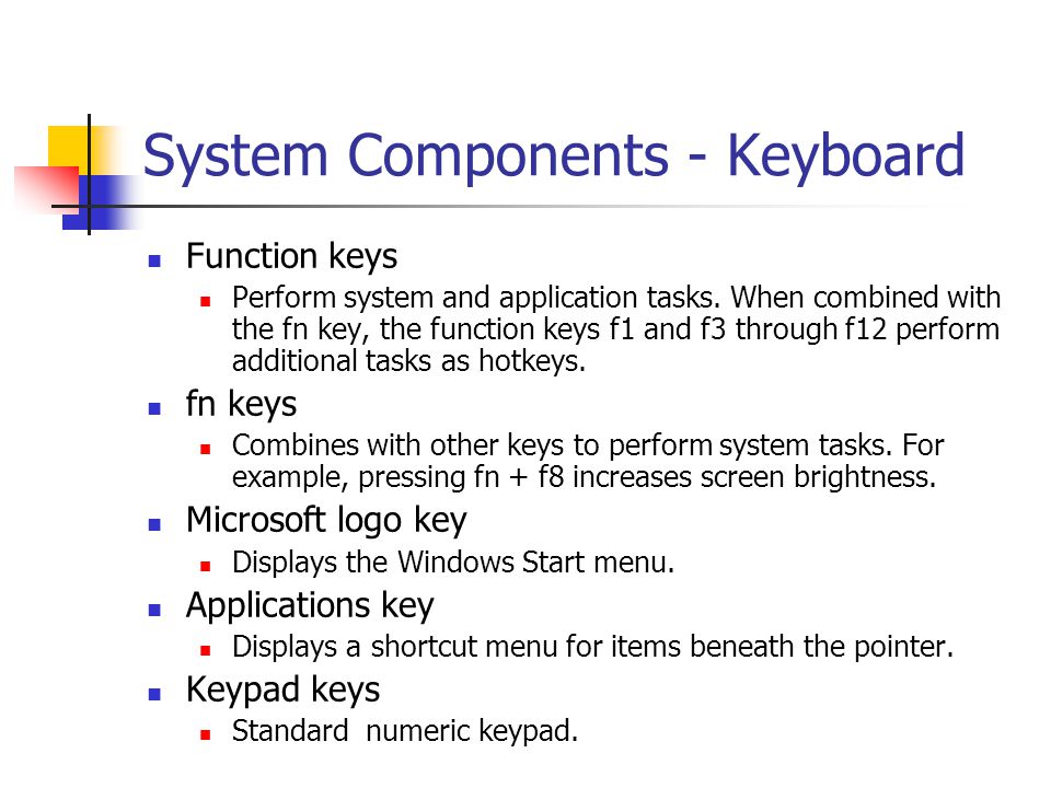System Components - Keyboard Function keys Perform system and application tasks.