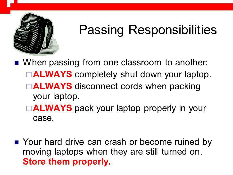 Passing Responsibilities When passing from one classroom to another: ALWAYS completely shut down your laptop.