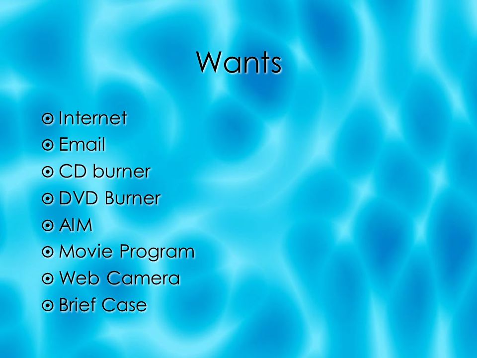 Wants Internet  CD burner DVD Burner AIM Movie Program Web Camera Brief Case Internet  CD burner DVD Burner AIM Movie Program Web Camera Brief Case
