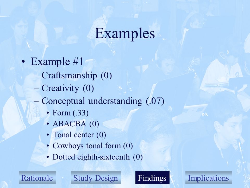 RationaleStudy DesignFindingsImplications Examples Example #1 –Craftsmanship (0) –Creativity (0) –Conceptual understanding (.07) Form (.33) ABACBA (0) Tonal center (0) Cowboys tonal form (0) Dotted eighth-sixteenth (0) Findings