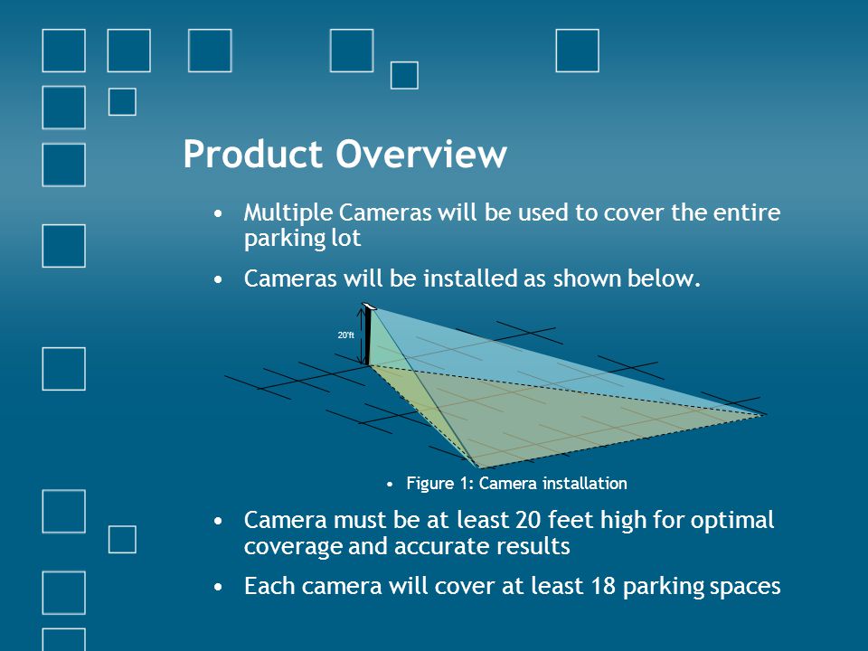 Product Overview Multiple Cameras will be used to cover the entire parking lot Cameras will be installed as shown below.