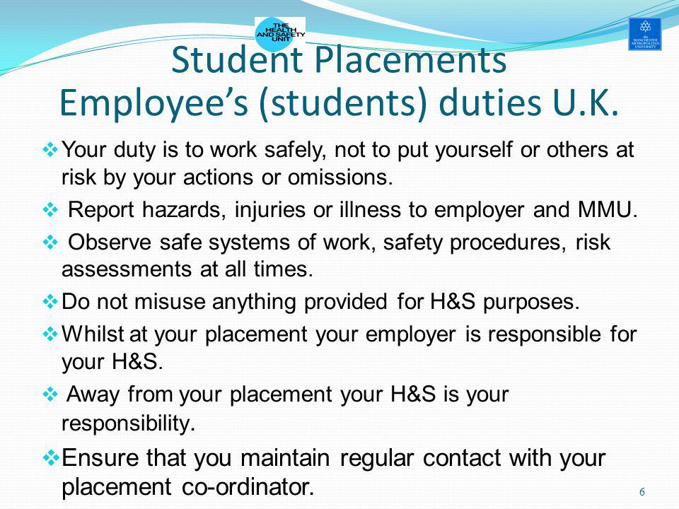Employees (students) duties U.K.
