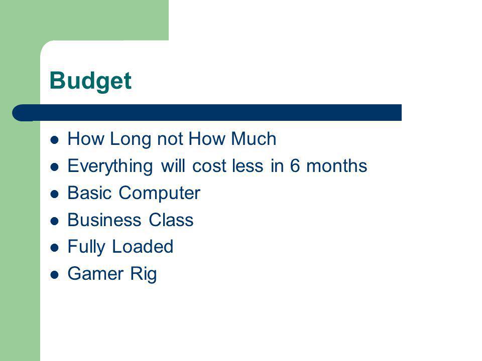 Budget How Long not How Much Everything will cost less in 6 months Basic Computer Business Class Fully Loaded Gamer Rig