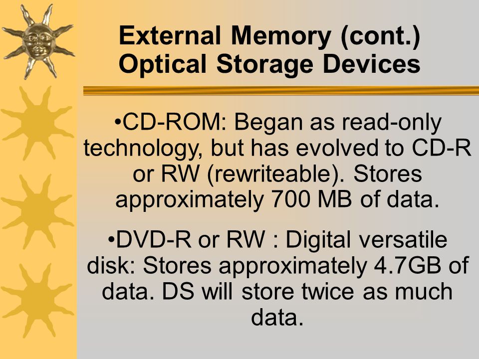 External Memory (cont.) Optical Storage Devices Videodisk: the first optical device-1978.