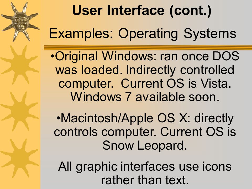 User Interface (cont.) MS-DOS (Microsoft-Disk Operating System): text- based interface.