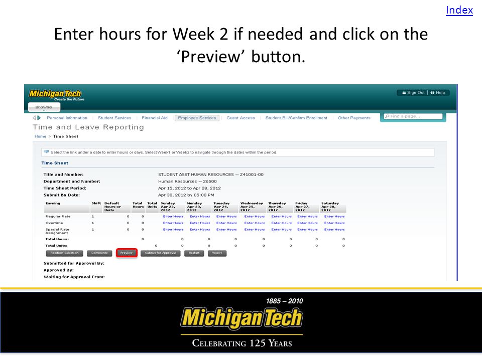 Enter hours for Week 2 if needed and click on the Preview button. Index