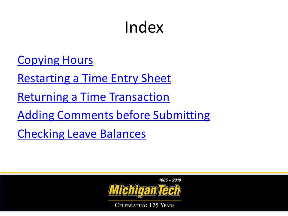 Index Copying Hours Restarting a Time Entry Sheet Returning a Time Transaction Adding Comments before Submitting Checking Leave Balances