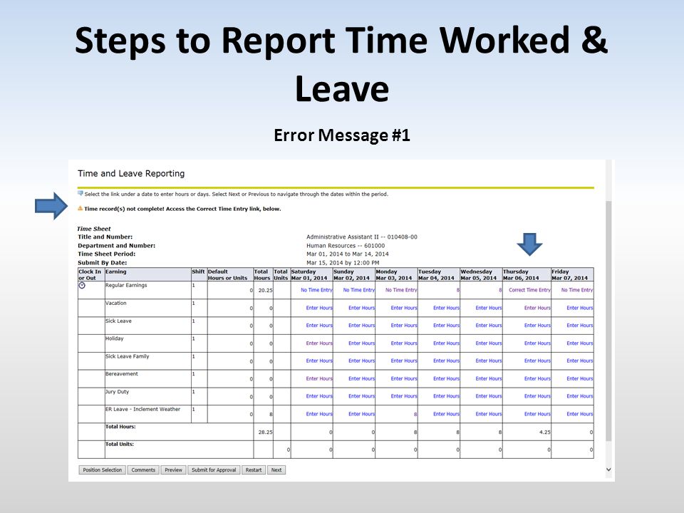 Steps to Report Time Worked & Leave Error Message #1