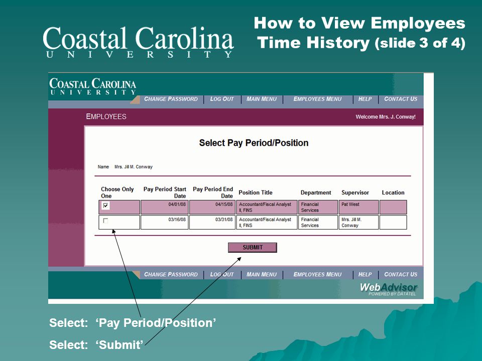 How to View Employees Time History (slide 3 of 4) Select: Pay Period/Position Select: Submit