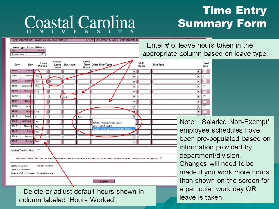 Time Entry Summary Form Note: Salaried Non-Exempt employee schedules have been pre-populated based on information provided by department/division.
