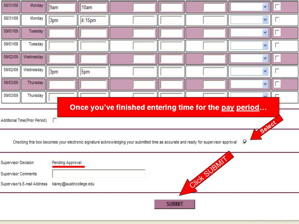 Once youve finished entering time for the pay period… Select Click SUBMIT